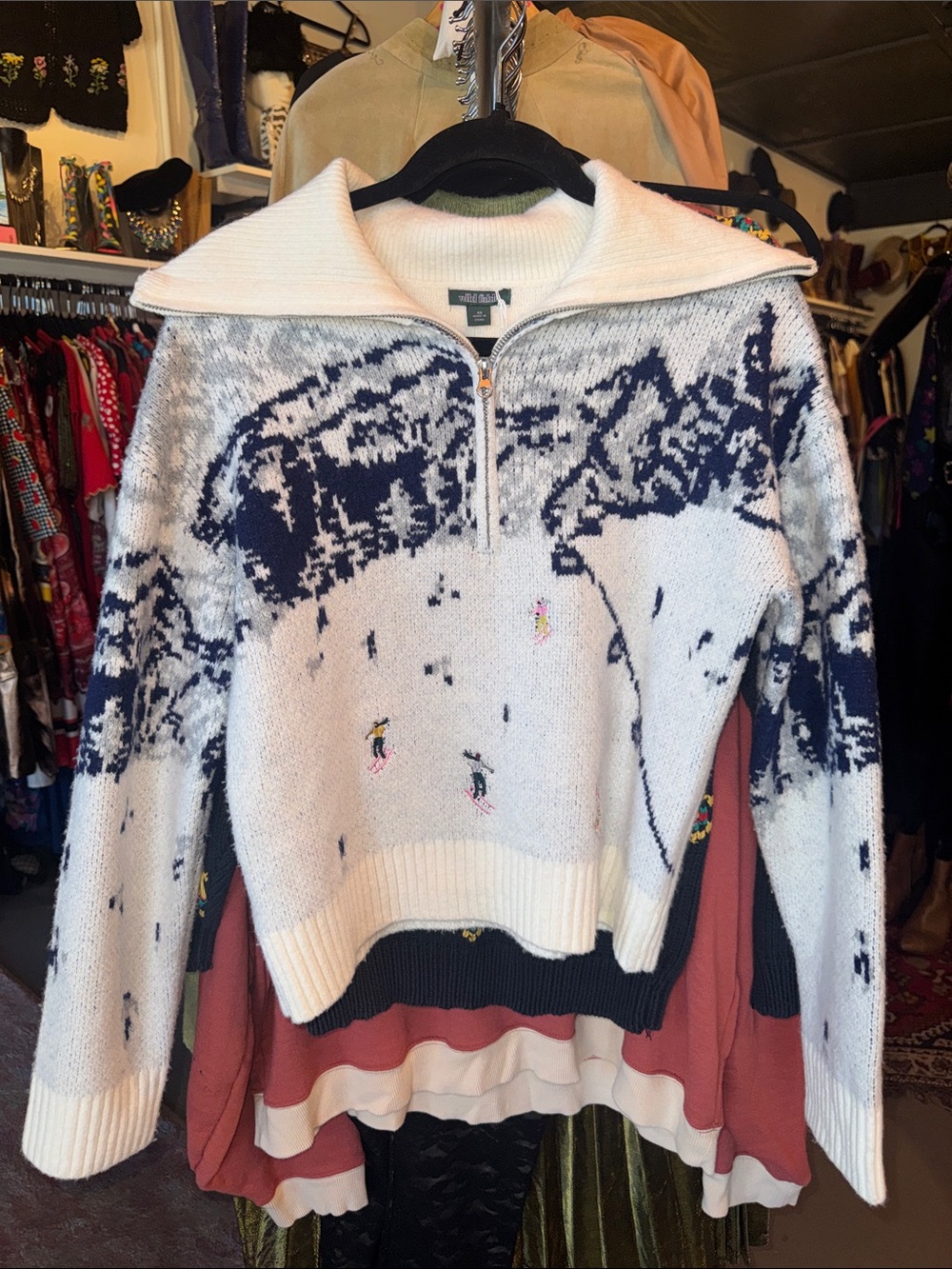 wild fable White and Navy Ski Intarsia Half-Zip Sweater